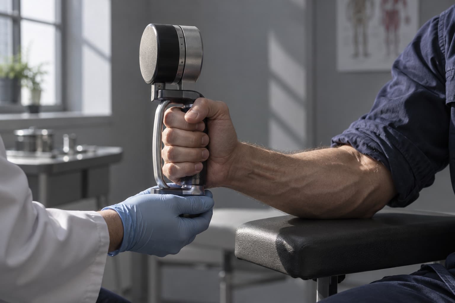 A clinician's gloved hand steadies a grip-strength dynamometer as a worker squeezes it