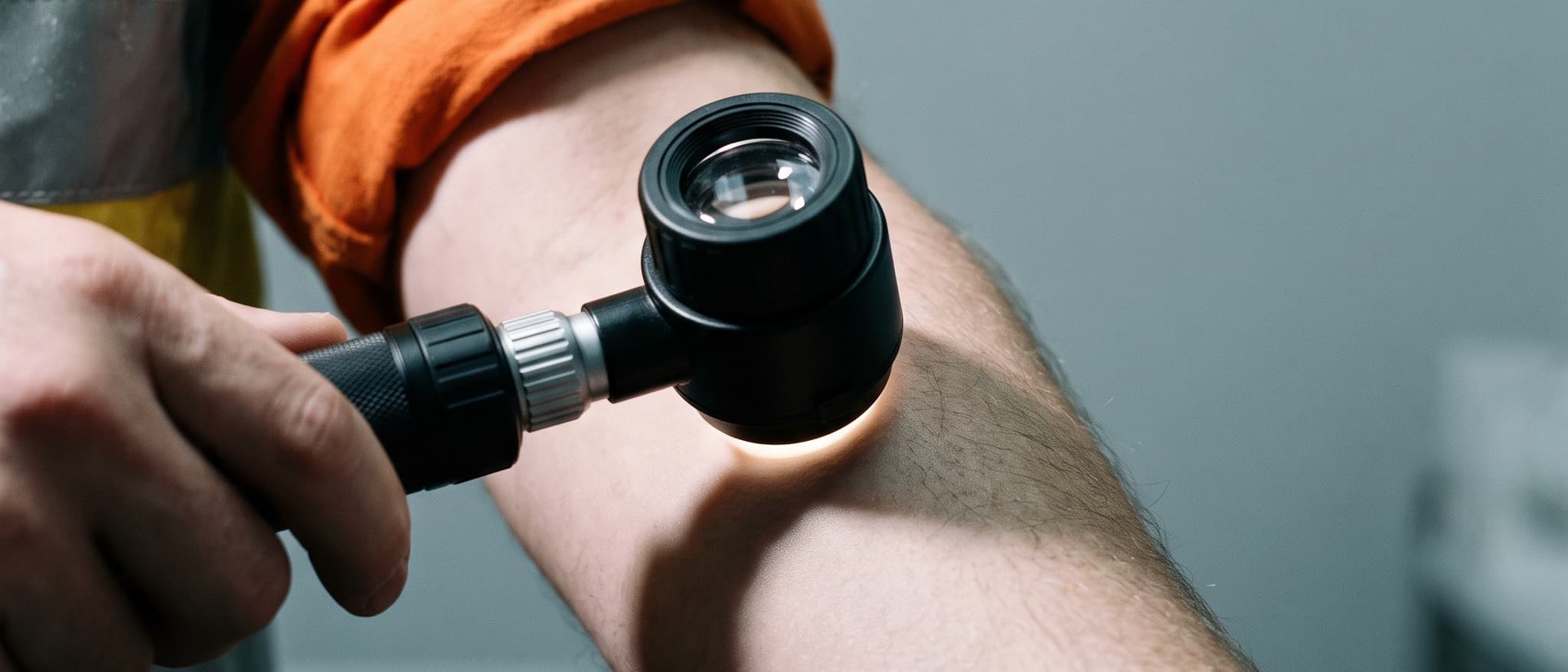 A dermatoscope held to a worker's forearm, the high-visibility sleeve rolled up